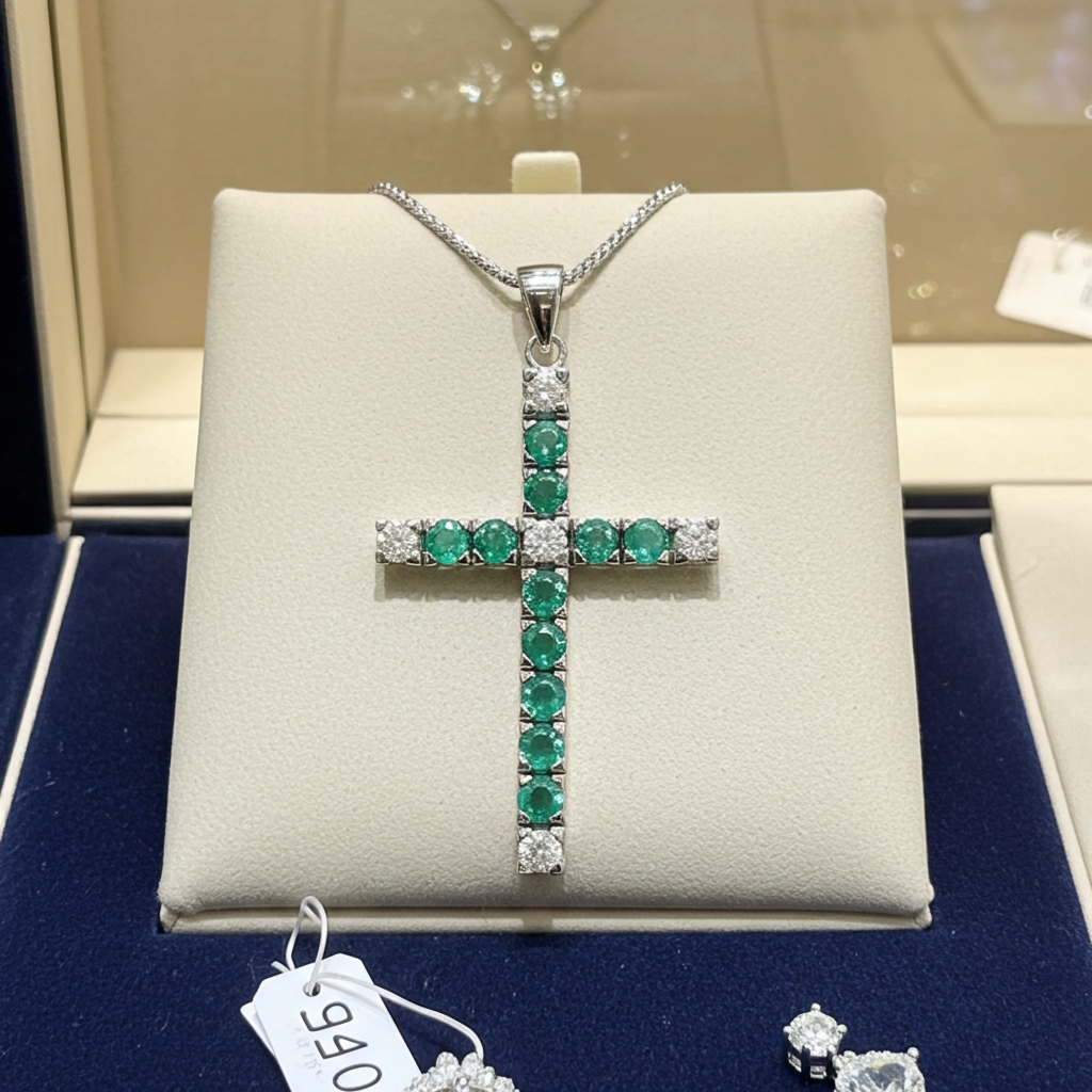Ciondolo croce in oro bianco e smeraldo e diamanti naturali 2.96ct
