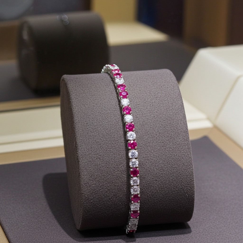 Bracciale tennis - Oro Bianco 18k -  3,50 ct Diamante Naturale e Rubini