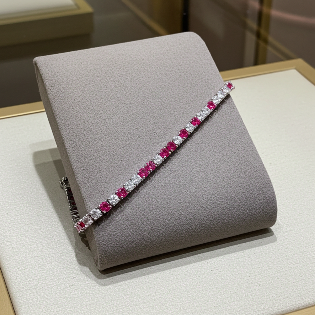 Bracciale tennis - Oro Bianco 18k -  3,50 ct Diamante Naturale e Rubini