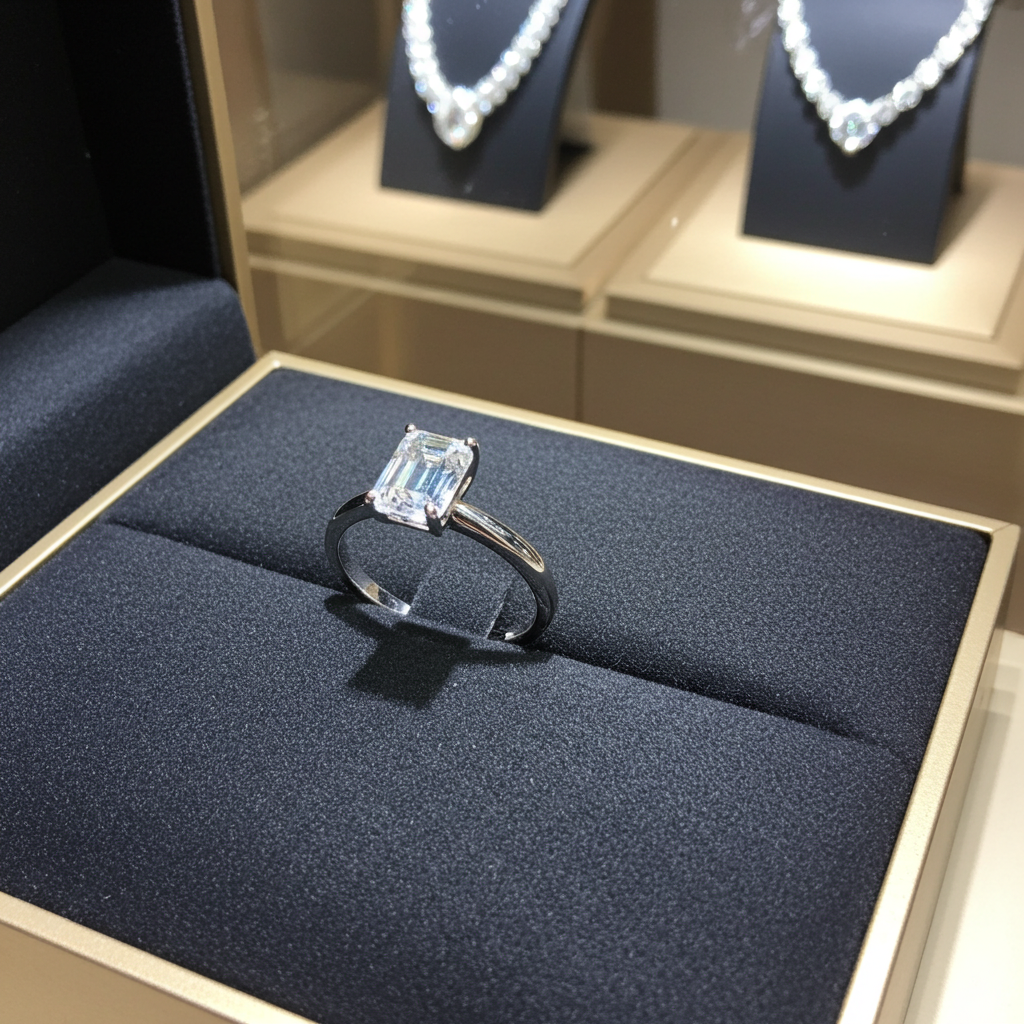 Anello solitario in oro bianco 18k e diamante naturale taglio smeraldo 1.20ct