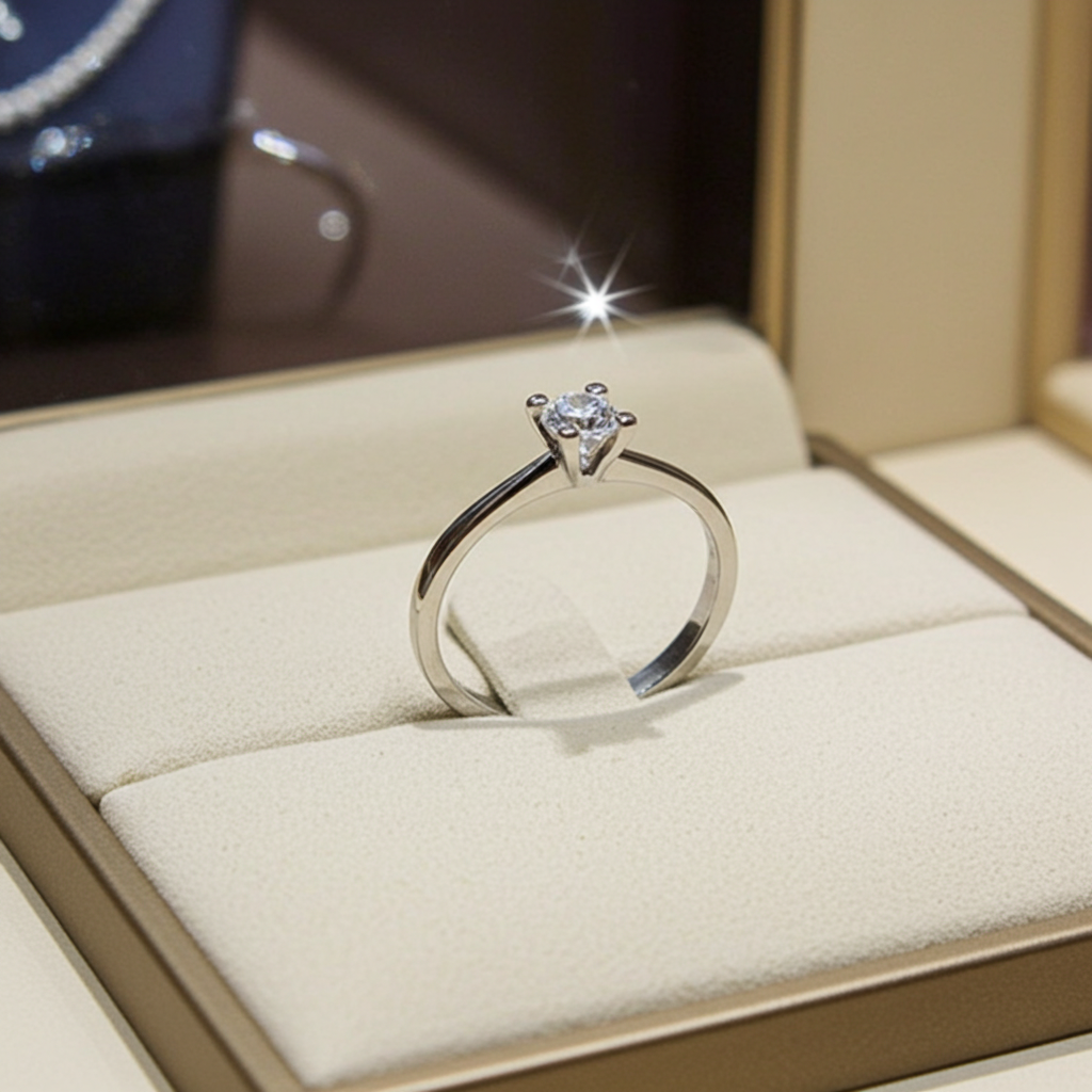 anello solitario  certificato HRD in oro bianco 18k e diamante naturali centrale 0,34ct