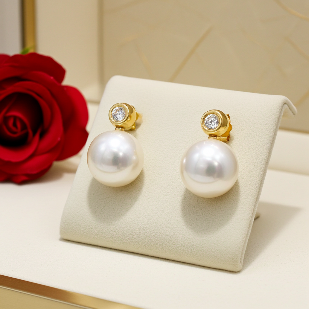 Orecchini - 18 carati Oro Giallo - Diamanti Naturali 0,20ct - Perla bianca 9 mm