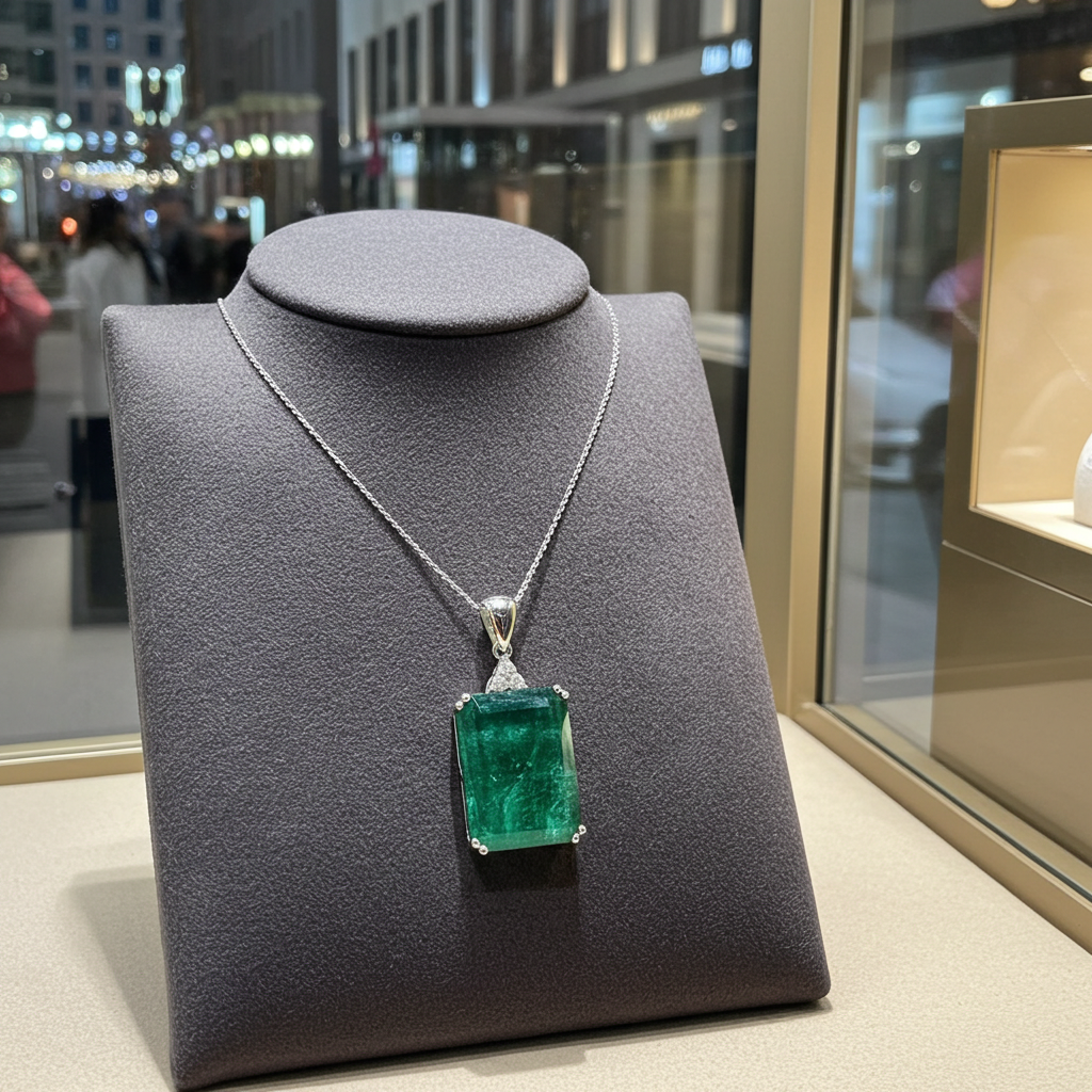 Collana in oro bianco 18k con smeraldo naturale colombiano 5.20ct