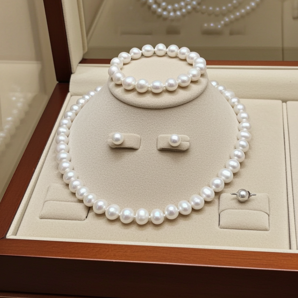 set completo con perla naturale bianche collana bracciale e orecchino