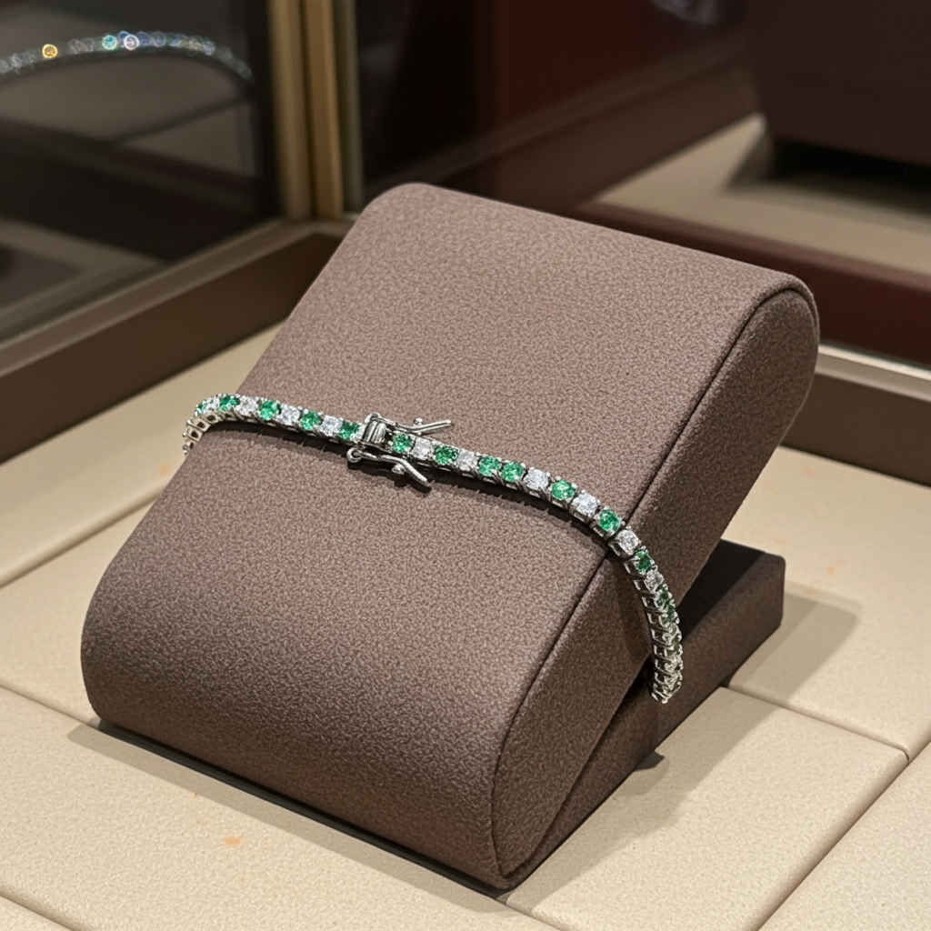 Bracciale tennis - Oro Bianco 18k -  3,50 ct Diamante Naturale e Smeraldo