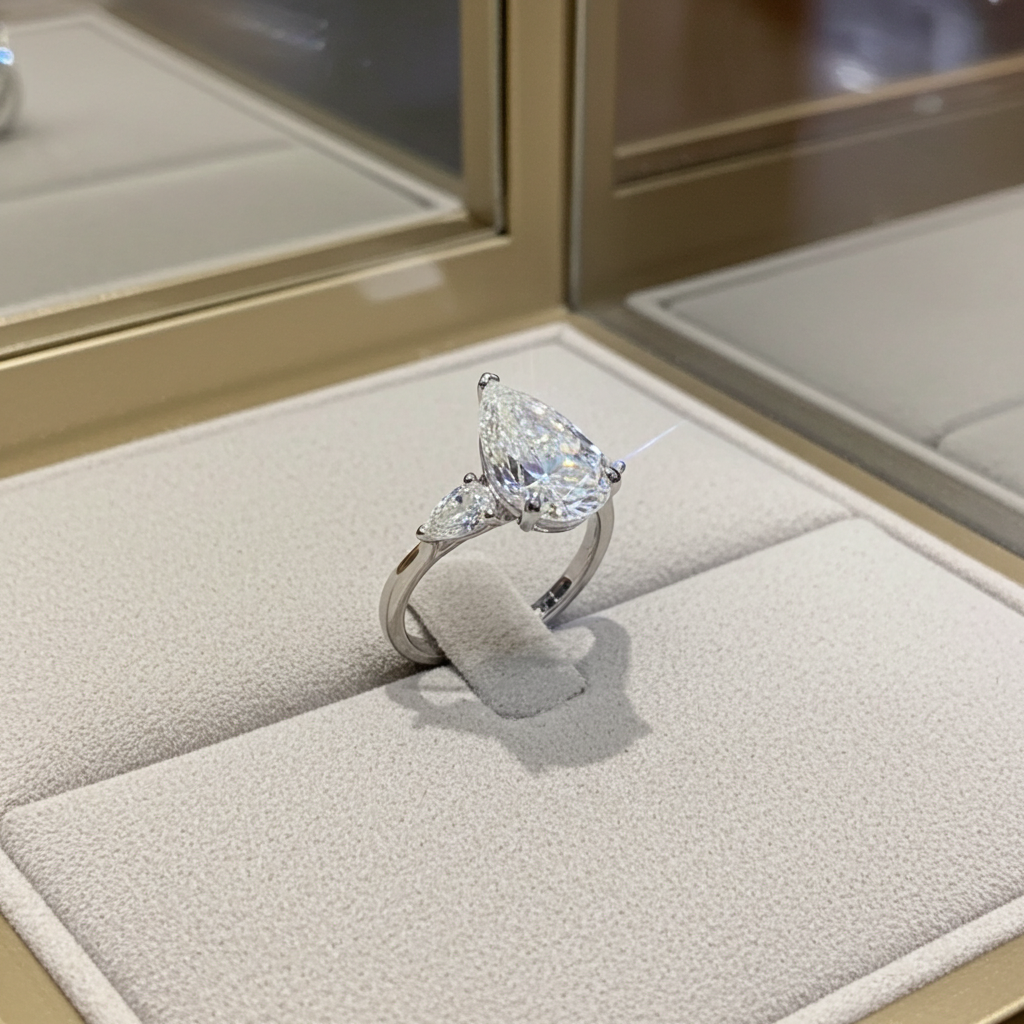 Anello trilogy in oro bianco e diamanti naturali taglio pera 3.10ct