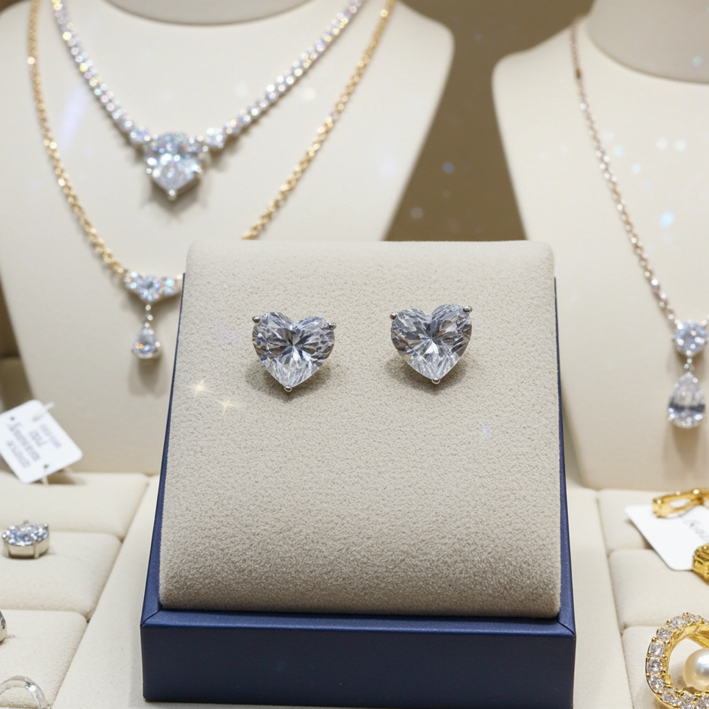 Orecchini punto luce in oro bianco 18k con 2 diamanti naturali Taglio cuore  0,50ct