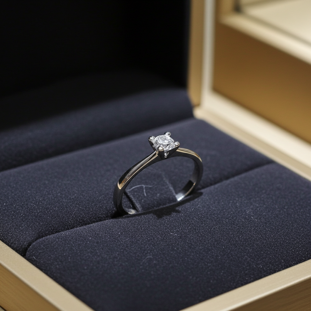 anello solitario  certificato HRD in oro bianco 18k e diamante naturali centrale 0,34ct