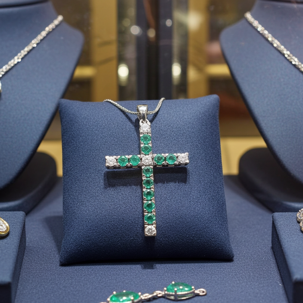 Ciondolo croce in oro bianco e smeraldo e diamanti naturali 2.96ct