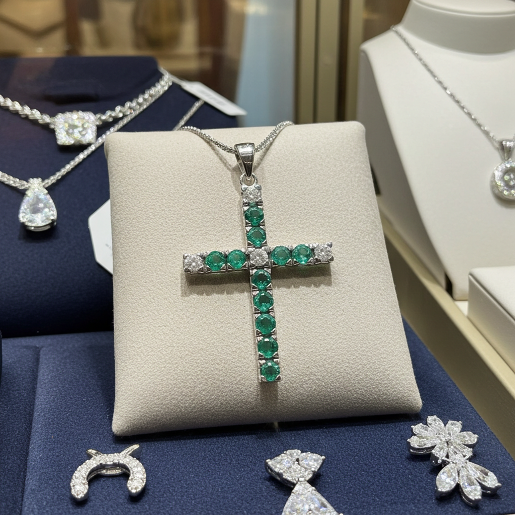 Ciondolo croce in oro bianco e smeraldo e diamanti naturali 2.96ct