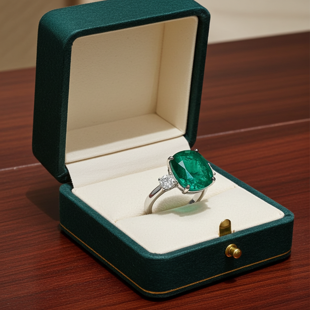 Anello trology in oro bianco e smeraldo 8.60 ct  e diamanti naturali 0.70ct