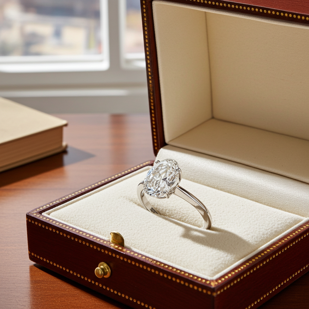 Anello solitario in oro bianco 18k e diamante naturale taglio ovale  2.00ct