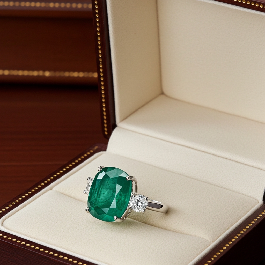 Anello trology in oro bianco e smeraldo 8.60 ct  e diamanti naturali 0.70ct