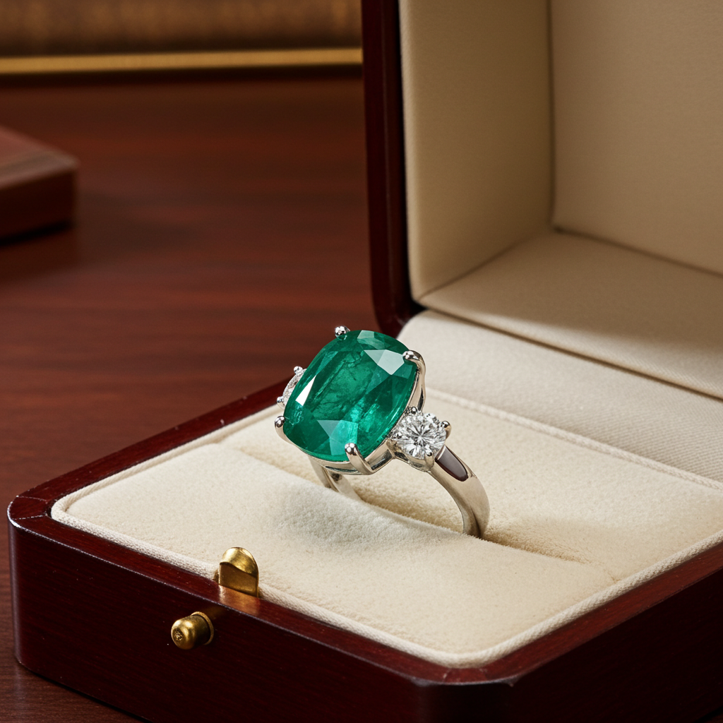 Anello trology in oro bianco e smeraldo 8.60 ct  e diamanti naturali 0.70ct