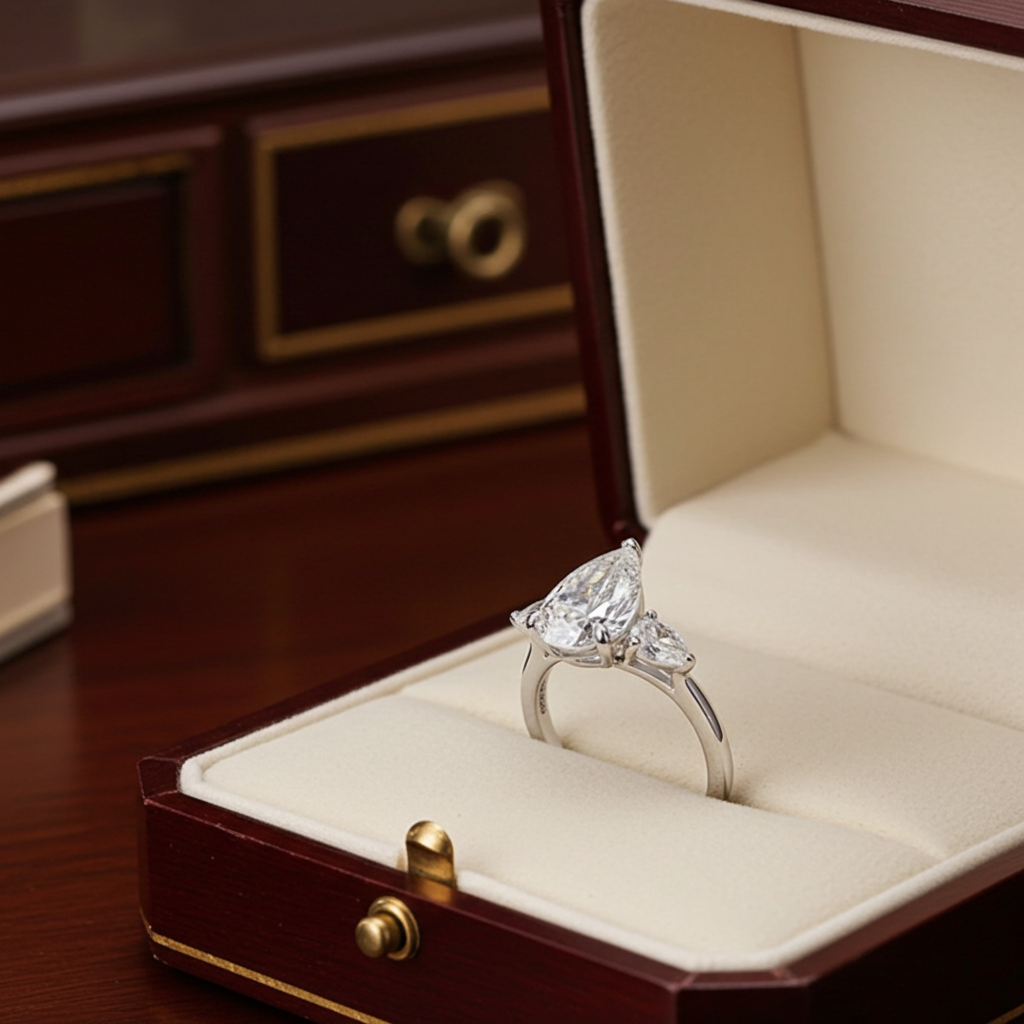 Anello trilogy in oro bianco e diamanti naturali taglio pera 3.10ct