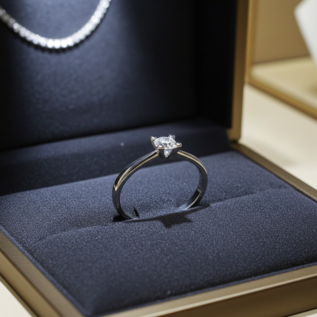 anello solitario  certificato HRD in oro bianco 18k e diamante naturali centrale 0,34ct