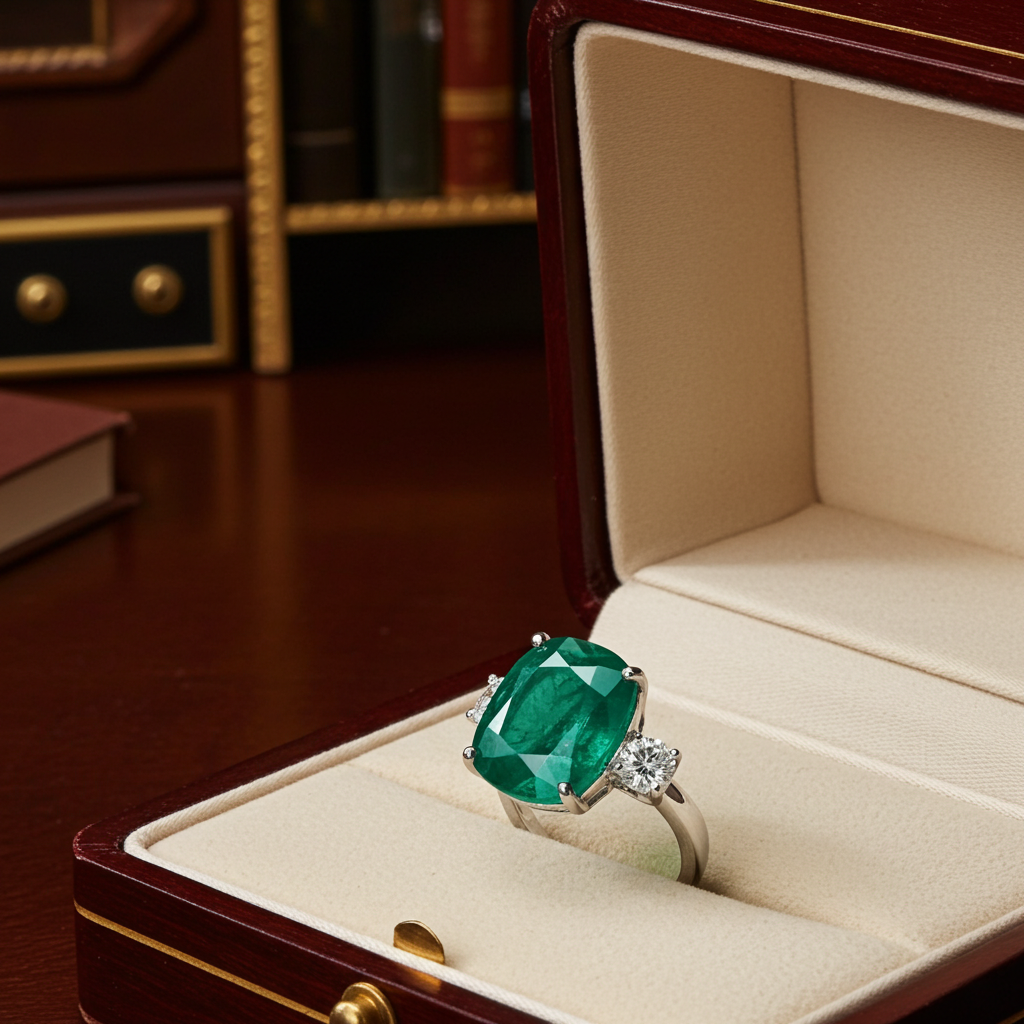 Anello trology in oro bianco e smeraldo 8.60 ct  e diamanti naturali 0.70ct