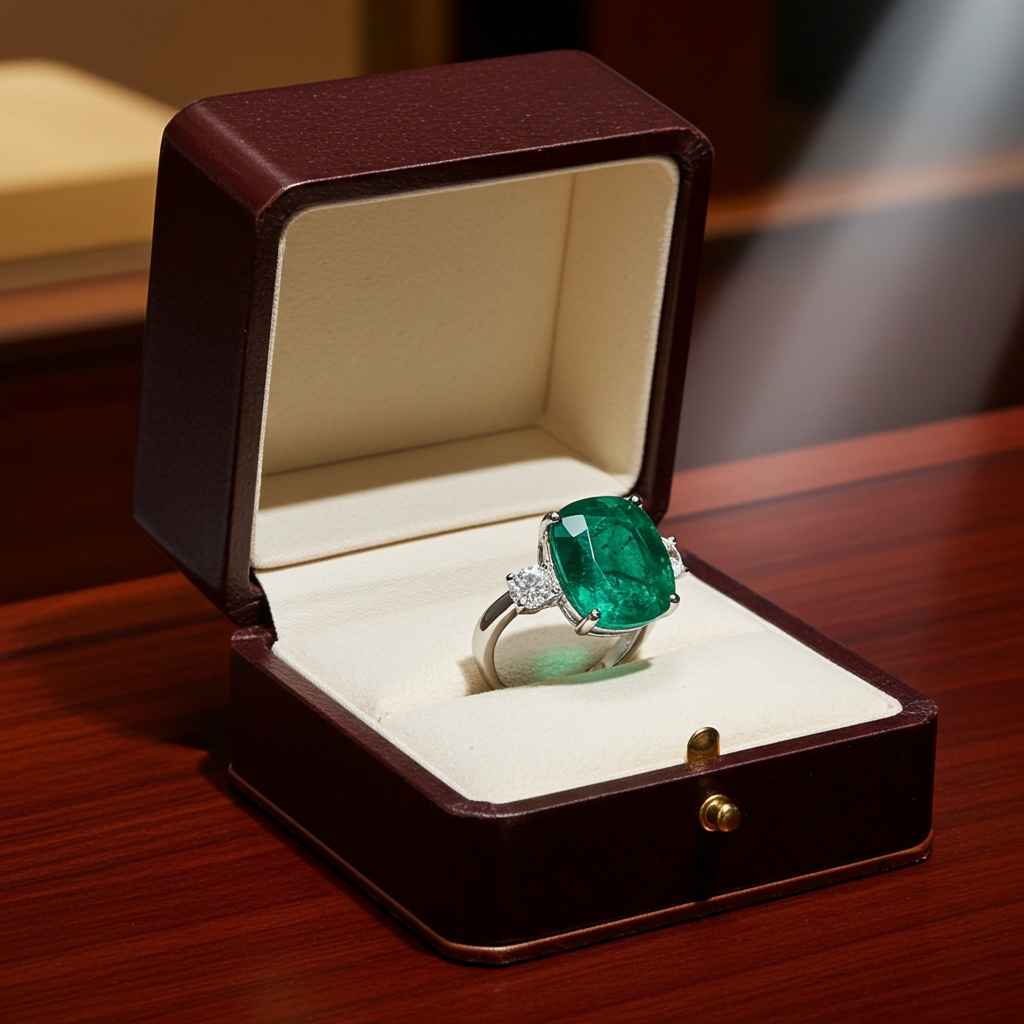 Anello trology in oro bianco e smeraldo 8.60 ct  e diamanti naturali 0.70ct