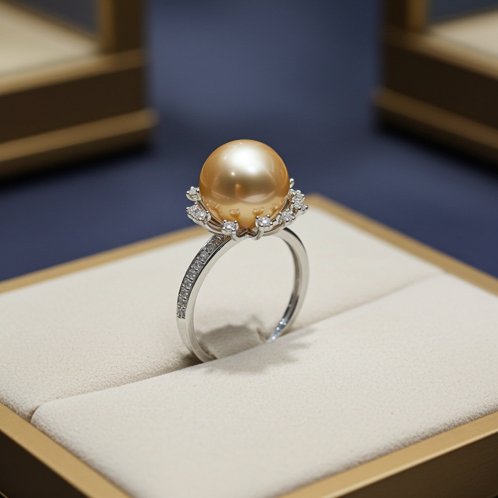 Anello - Oro bianco 18 kt, rotondo, 12  mm - Perle Naturale Australiano - Diamante