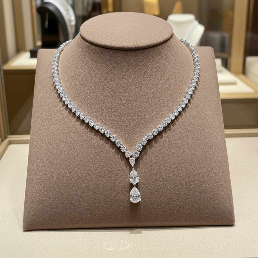 Collana tennis in oro bianco 18k e diamanti naturali taglio pera 37.50ct