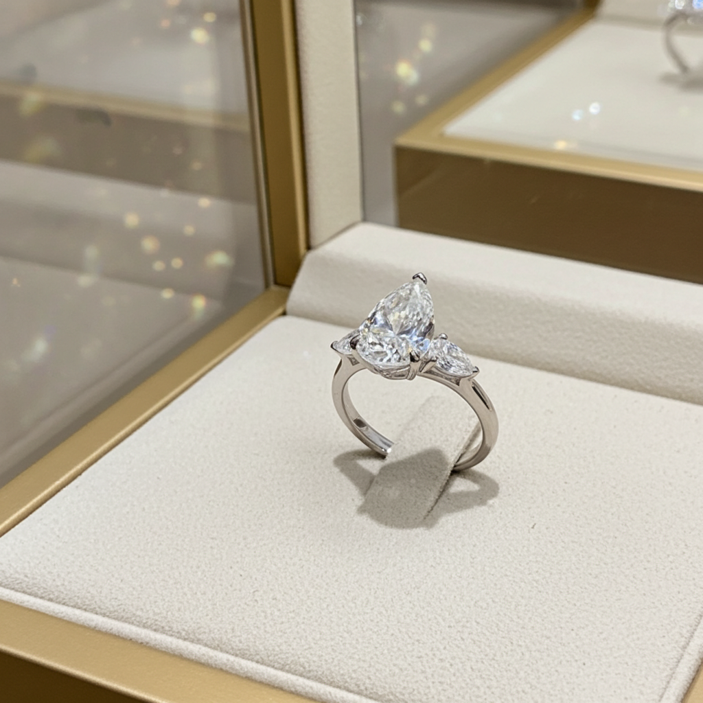 Anello trilogy in oro bianco e diamanti naturali taglio pera 3.10ct