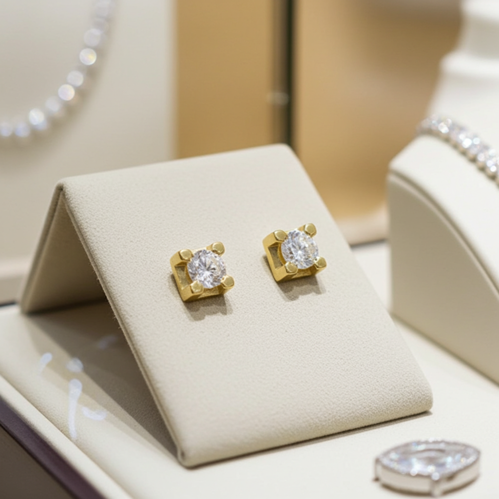 orecchini punto luce quadrato in oro giallo 18k e 2 diamanti naturali 0,90 ct