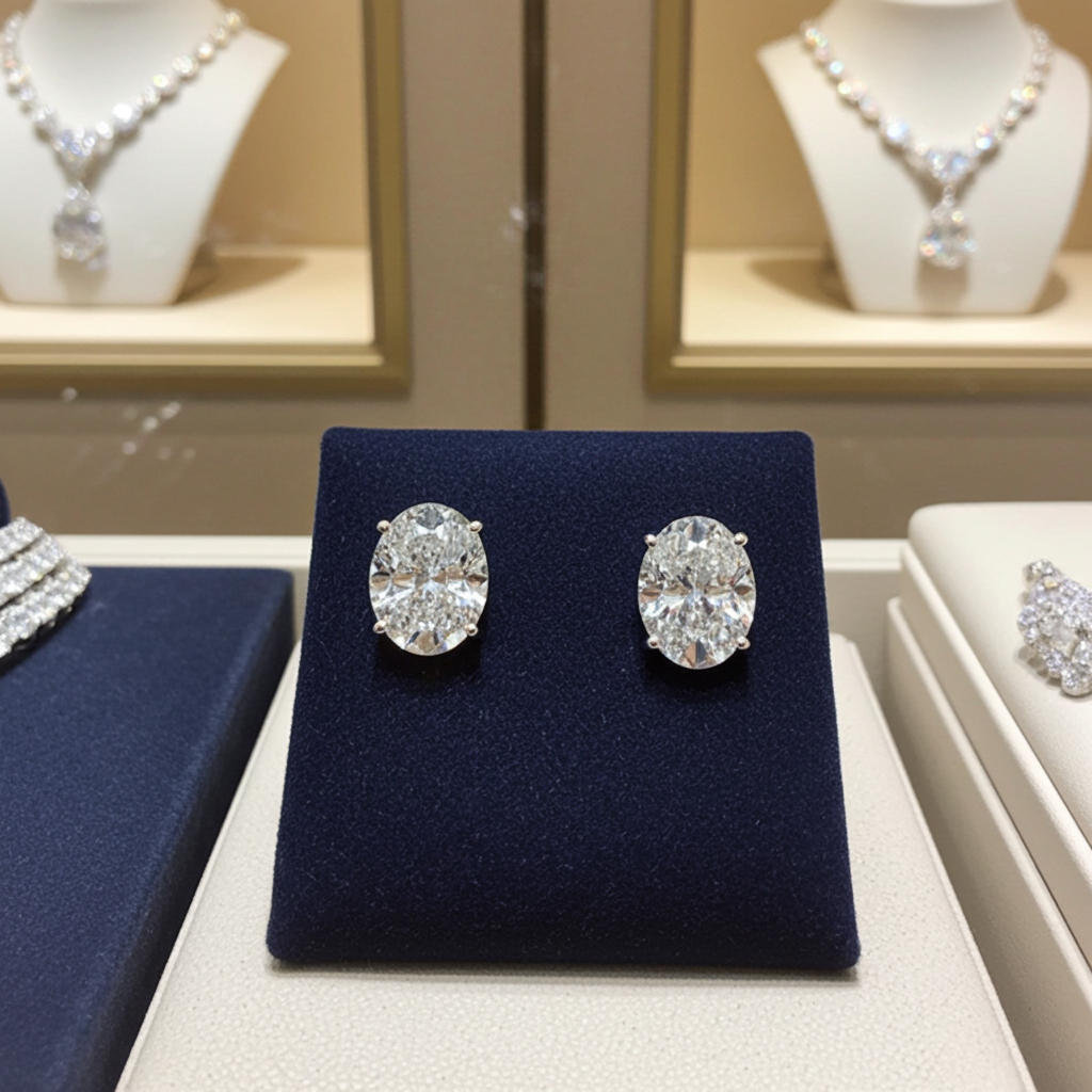 orecchini punto luce in oro bianco 18k e 2 diamanti naturali taglio Ovale 0,50 ct