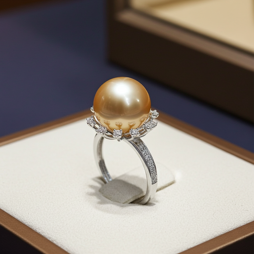 Anello - Oro bianco 18 kt, rotondo, 12  mm - Perle Naturale Australiano - Diamante