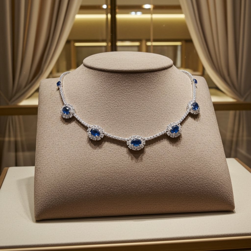 Collana collier tennis in oro bianco 18k e zaffiro e diamanti naturali 8ct