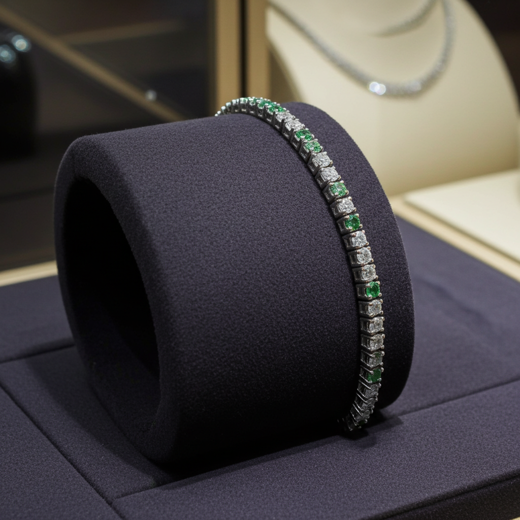 Bracciale tennis - Oro Bianco 18k -  3,50 ct Diamante Naturale e Smeraldo