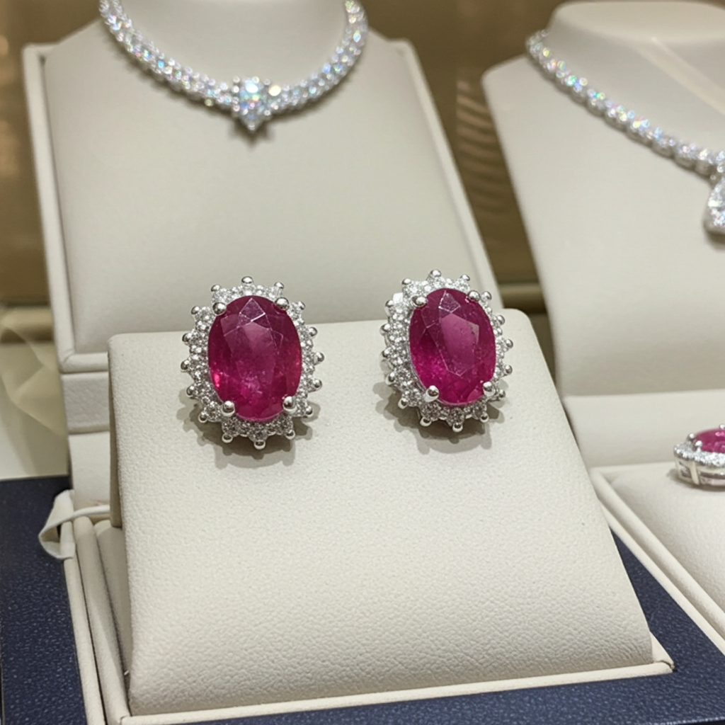 Orecchini - 18 carati Oro bianco Rubino - Diamante