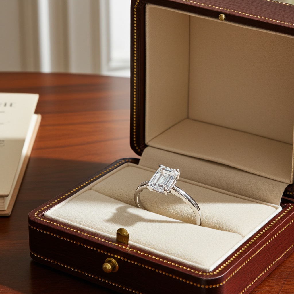 Anello solitario in oro bianco 18k e diamante naturale taglio smeraldo 1.20ct