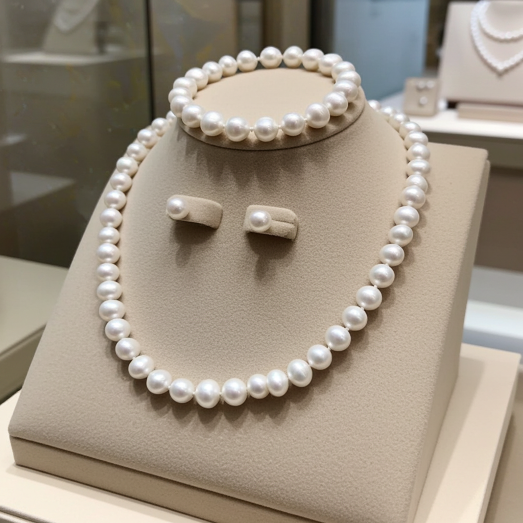 set completo con perla naturale bianche collana bracciale e orecchino