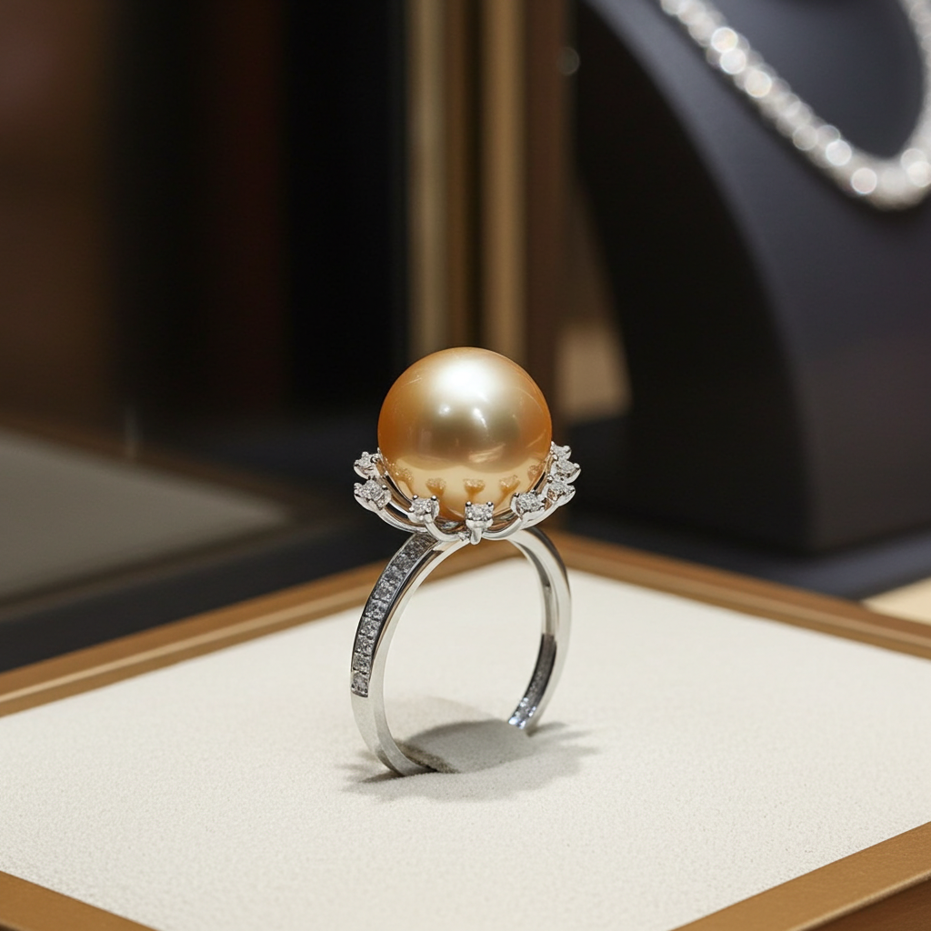 Anello - Oro bianco 18 kt, rotondo, 12  mm - Perle Naturale Australiano - Diamante