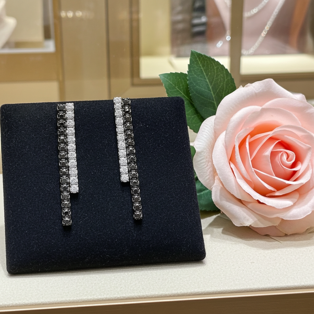 orecchini tennis in oro bianco e 2 fila diamanti naturali neri e bianchi 1,44ct