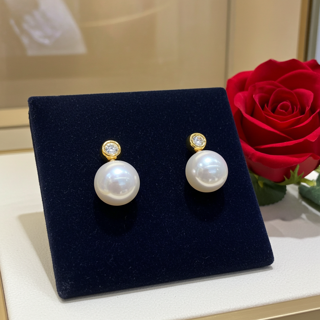 Orecchini - 18 carati Oro Giallo - Diamanti Naturali 0,20ct - Perla bianca 9 mm