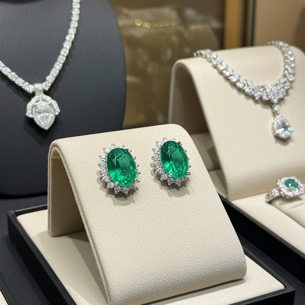 Orecchini - 18 carati Oro bianco Smeraldo - Diamante