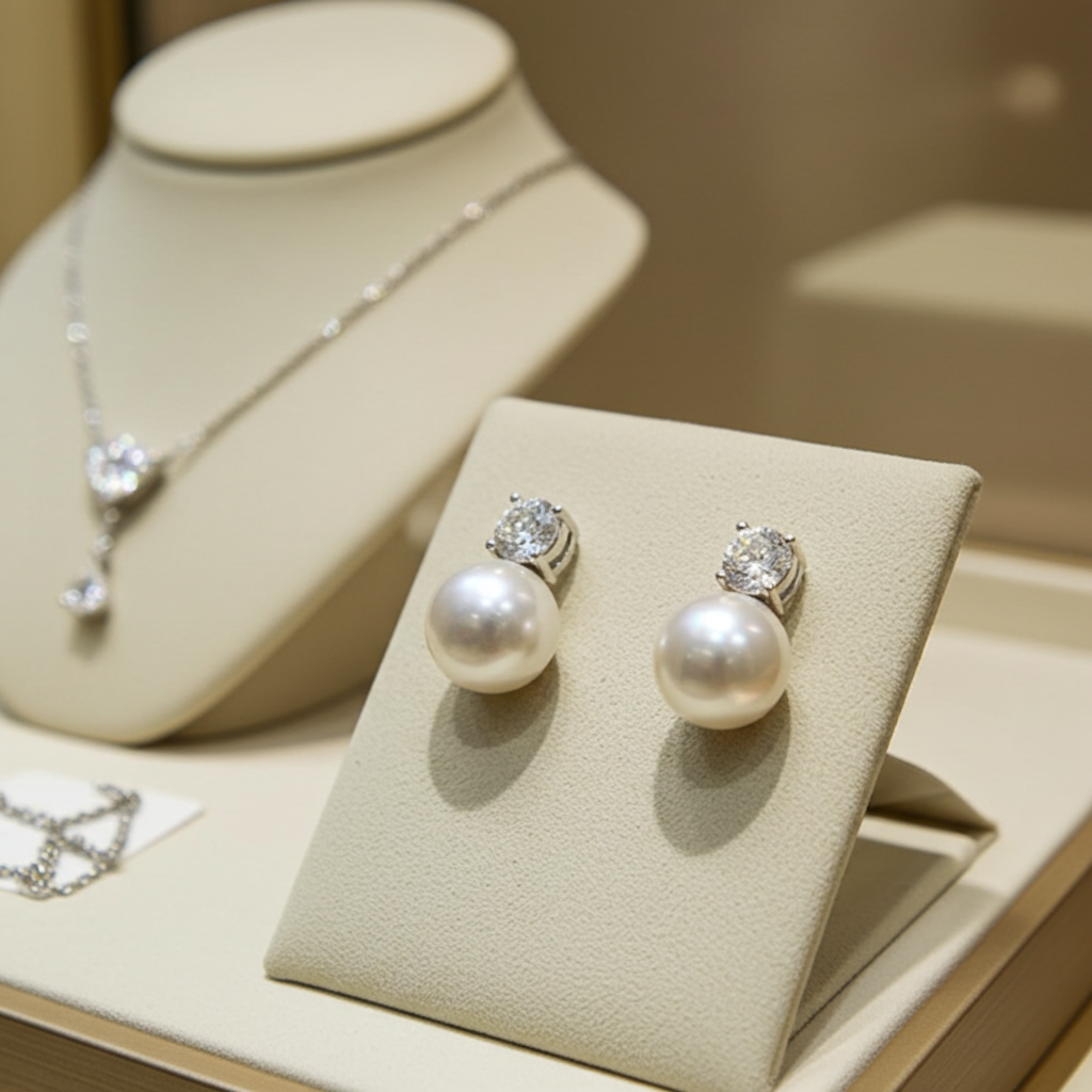 Orecchini - 18 carati Oro Bianco - Diamanti Naturali 0,20ct - Perla bianca 8 mm