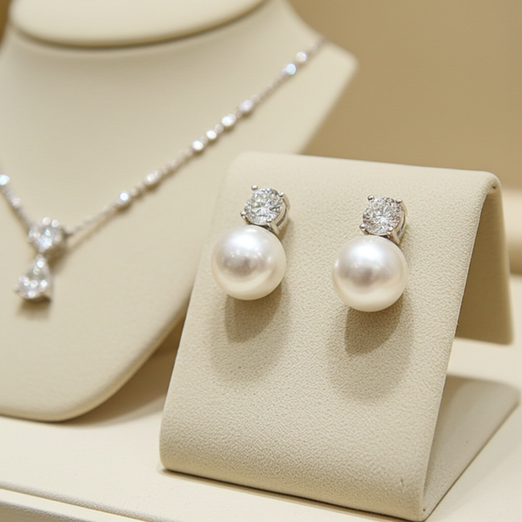 Orecchini - 18 carati Oro Bianco - Diamanti Naturali 0,20ct - Perla bianca 8 mm