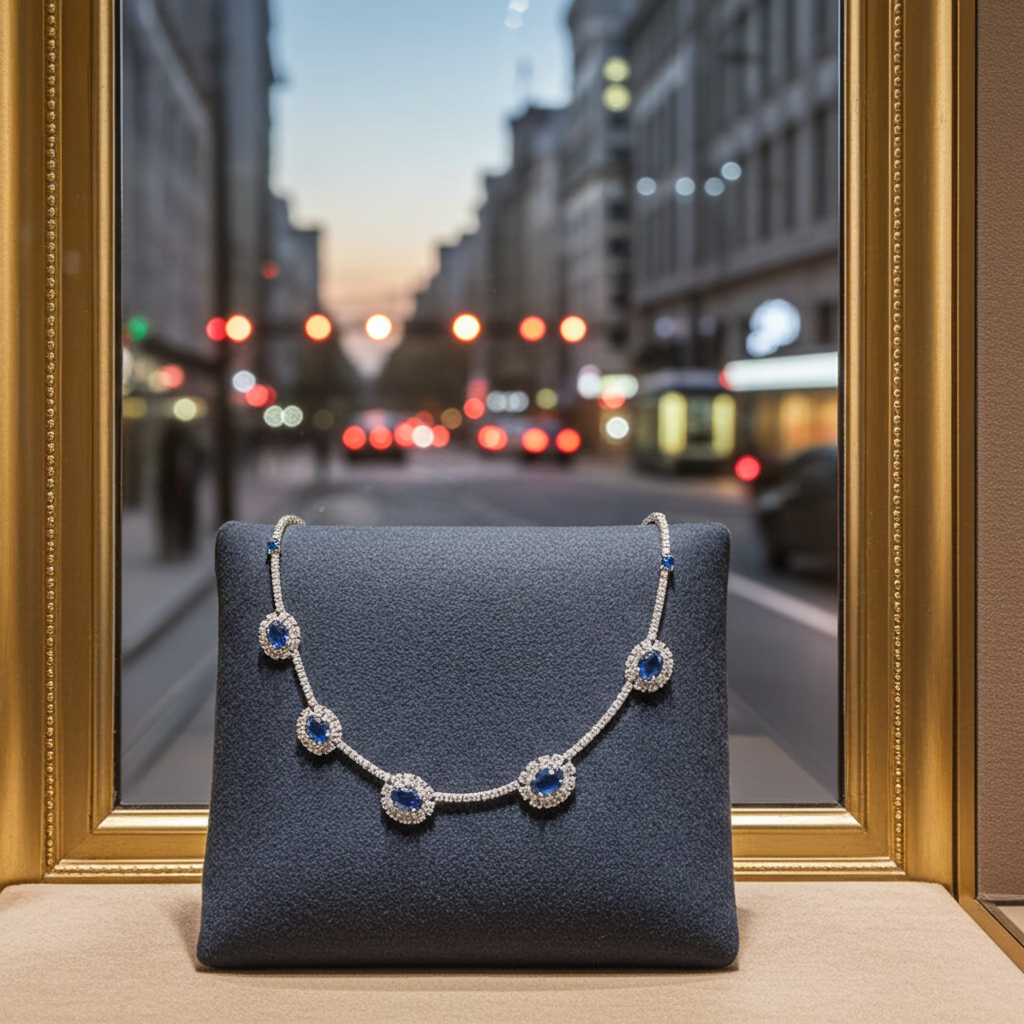 Collana collier tennis in oro bianco 18k e zaffiro e diamanti naturali 8ct