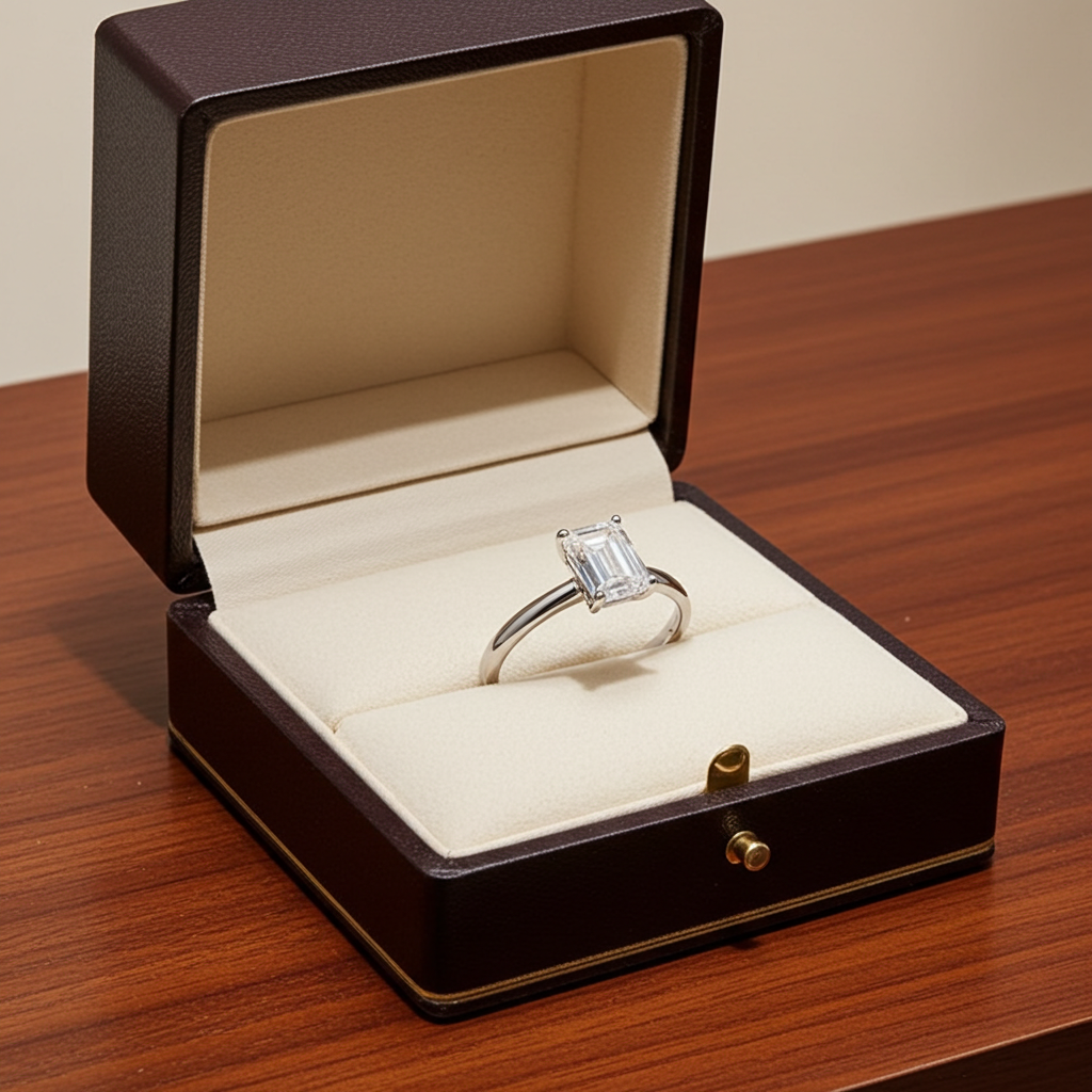 Anello solitario in oro bianco 18k e diamante naturale taglio smeraldo 1.20ct