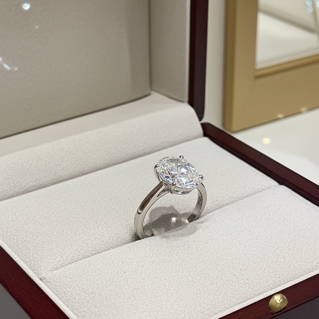 Anello solitario in oro bianco 18k e diamante naturale taglio ovale  2.00ct