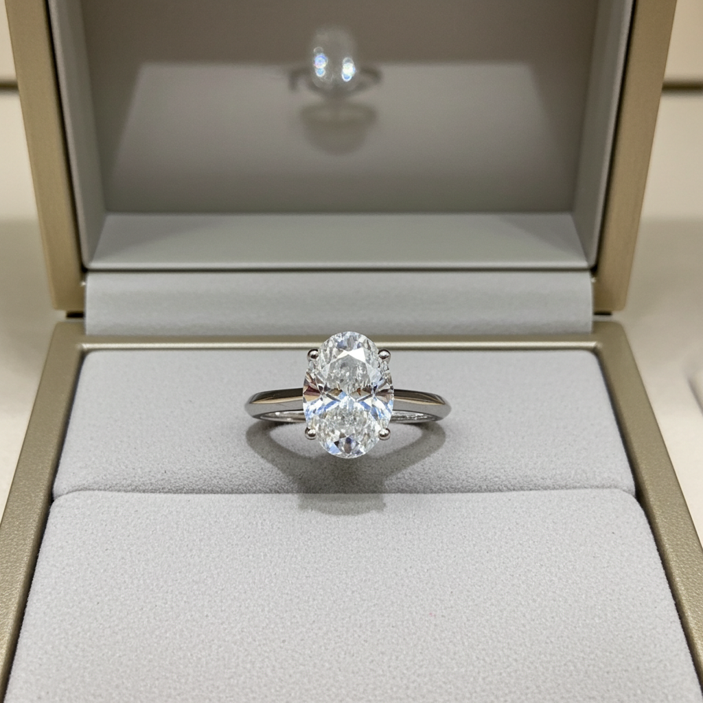 Anello solitario in oro bianco 18k e diamante naturale taglio ovale  2.00ct