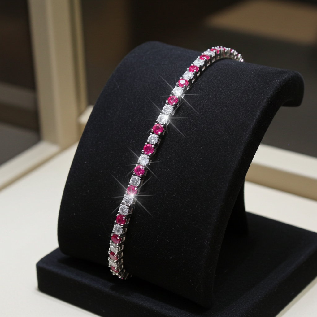 Bracciale tennis - Oro Bianco 18k -  3,50 ct Diamante Naturale e Rubini