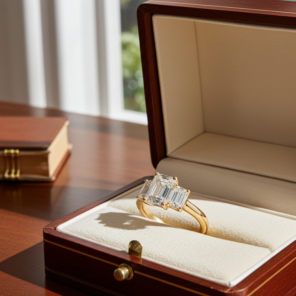 Anello trilogy in oro giallo 18k e diamanti naturali taglio smeraldo 3.03ct