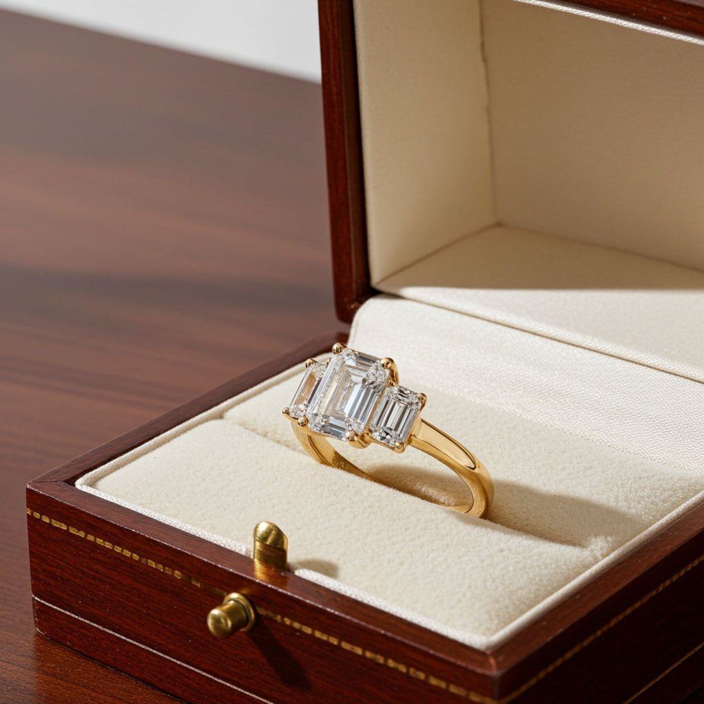 Anello trilogy in oro giallo 18k e diamanti naturali taglio smeraldo 3.03ct