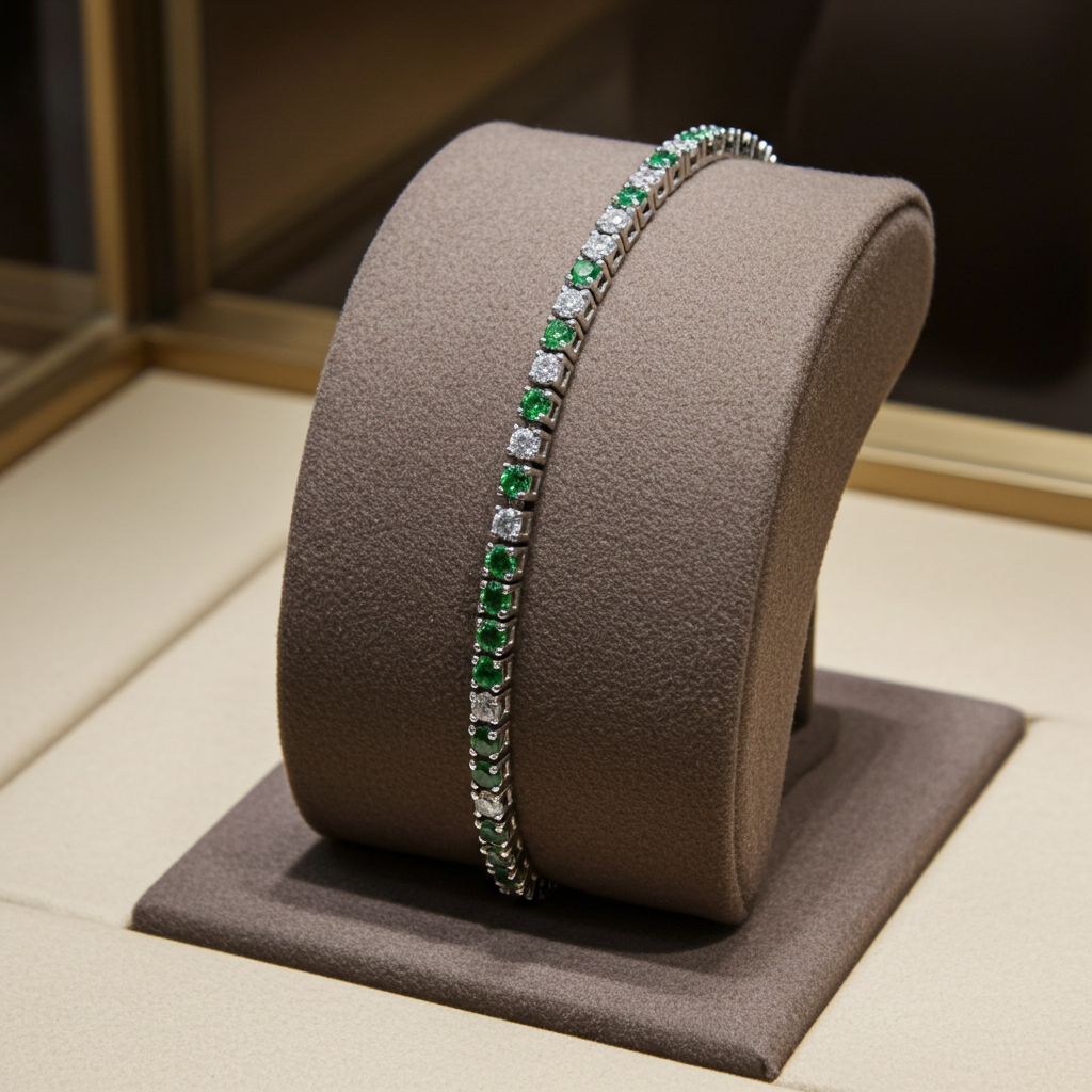 Bracciale tennis - Oro Bianco 18k -  3,50 ct Diamante Naturale e Smeraldo