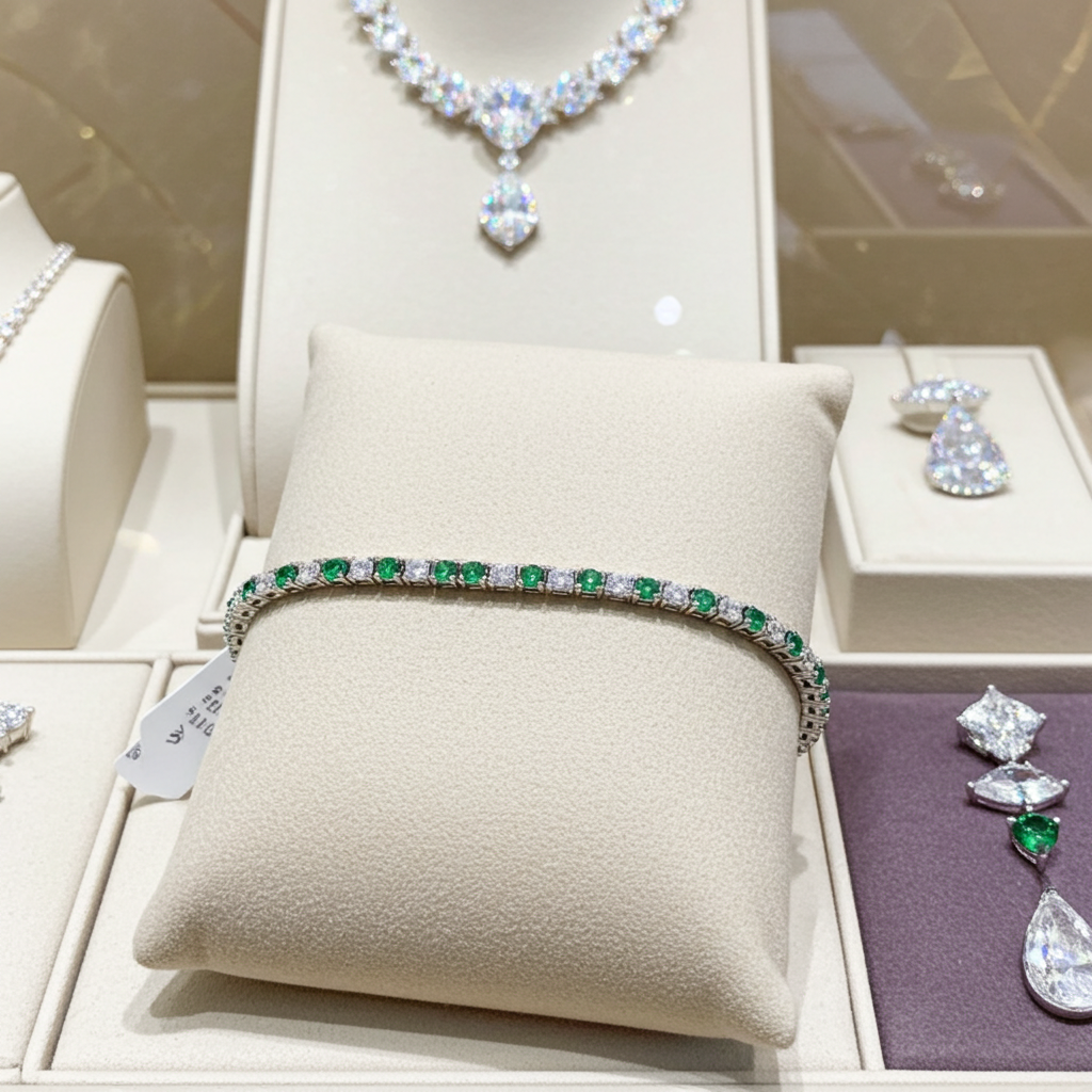 Bracciale tennis - Oro Bianco 18k -  3,50 ct Diamante Naturale e Smeraldo