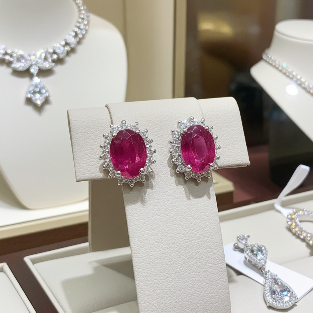 Orecchini - 18 carati Oro bianco Rubino - Diamante