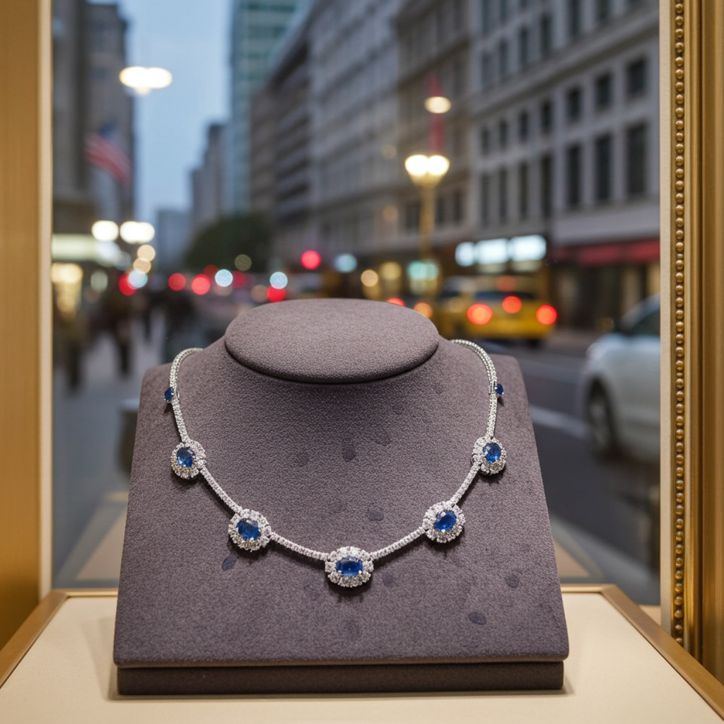 Collana collier tennis in oro bianco 18k e zaffiro e diamanti naturali 8ct